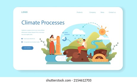Geographer web banner or landing page. Studying the lands, features, inhabitants of the Earth. Geologist, naturalist. Climate and environment research. Isolated vector illustration