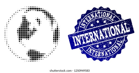 Geographic collage of dot global map of world and blue grunge stamp watermark. Halftone vector global map of world created with rectangle mosaic items. Flat design for infographic posters.