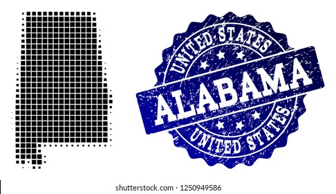 Geographic collage of dot map of Alabama State and blue grunge seal stamp imprint. Halftone vector map of Alabama State created with rectangle elements. Flat design for political posters.