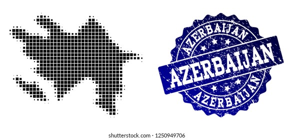 Geographic collage of dot map of Azerbaijan and blue grunge stamp imprint. Halftone vector map of Azerbaijan composed with rectangle dots. Flat design for patriotic posters.