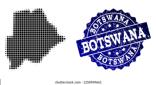 Geographic collage of dot map of Botswana and blue grunge stamp imprint. Halftone vector map of Botswana created with square dots. Flat design for patriotic illustrations.