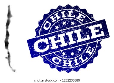 Geographic collage of dot map of Chile and blue grunge seal stamp imprint. Halftone vector map of Chile composed with square points. Flat design for cartographic purposes.