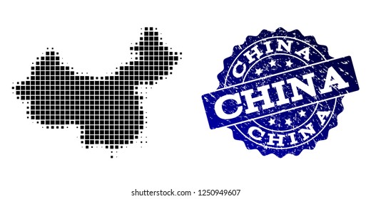 Geographic collage of dot map of China and blue grunge seal stamp watermark. Halftone vector map of China created with rectangular points. Flat design for cartographic posters.