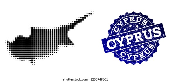 Geographic collage of dot map of Cyprus Island and blue grunge stamp imprint. Halftone vector map of Cyprus Island designed with square points. Flat design for cartographic purposes.