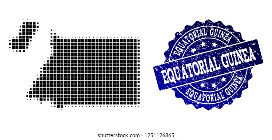 Geographic collage of dot map of Equatorial Guinea and blue grunge seal stamp imprint. Halftone vector map of Equatorial Guinea created with square dots. Flat design for political illustrations.