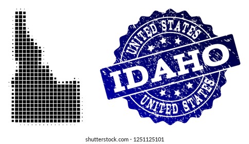 Geographic collage of dot map of Idaho State and blue grunge seal stamp imprint. Halftone vector map of Idaho State created with rectangular elements. Flat design for cartographic posters.