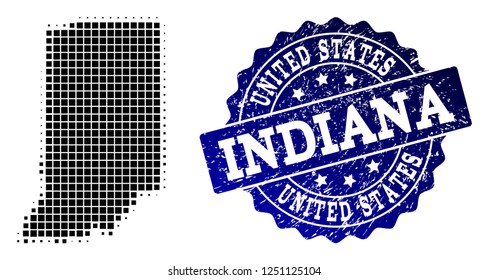 Geographic collage of dot map of Indiana State and blue grunge seal stamp imprint. Halftone vector map of Indiana State composed with rectangular points. Flat design for patriotic purposes.