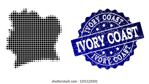 Geographic collage of dot map of Ivory Coast and blue grunge stamp imprint. Halftone vector map of Ivory Coast formed with square elements. Flat design for political illustrations.