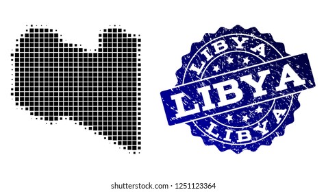 Geographic collage of dot map of Libya and blue grunge stamp watermark. Halftone vector map of Libya designed with rectangle pixels. Flat design for infographic illustrations.