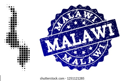 Geographic collage of dot map of Malawi and blue grunge seal stamp watermark. Halftone vector map of Malawi formed with rectangle mosaic items. Flat design for infographic illustrations.