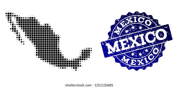Geographic collage of dot map of Mexico and blue grunge stamp imprint. Halftone vector map of Mexico formed with rectangle elements. Flat design for infographic illustrations.