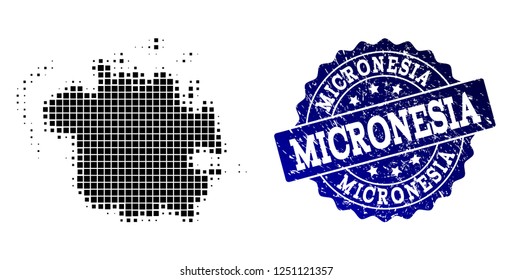 Geographic collage of dot map of Micronesia island and blue grunge seal watermark. Halftone vector map of Micronesia island composed with rectangular pixels. Flat design for infographic illustrations.