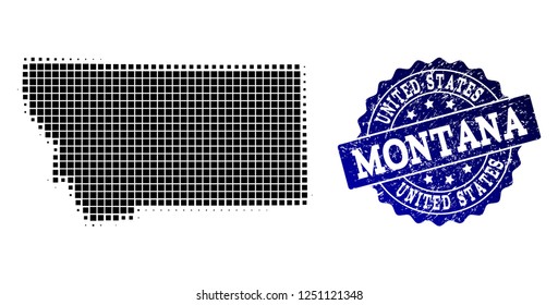 Geographic collage of dot map of Montana State and blue grunge seal watermark. Halftone vector map of Montana State designed with square points. Flat design for cartographic posters.