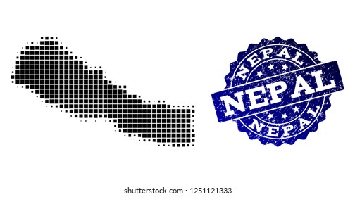 Geographic collage of dot map of Nepal and blue grunge stamp imprint. Halftone vector map of Nepal composed with rectangle elements. Flat design for cartographic illustrations.