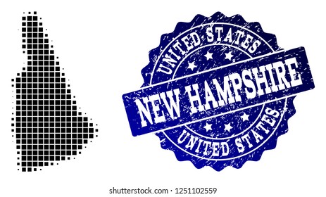 Geographic collage of dot map of New Hampshire State and blue grunge stamp watermark. Halftone vector map of New Hampshire State formed with square elements. Flat design for infographic illustrations.