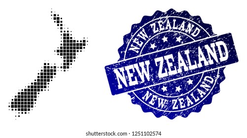 Geographic collage of dot map of New Zealand and blue grunge seal imprint. Halftone vector map of New Zealand formed with rectangular mosaic items. Flat design for infographic posters.