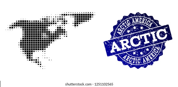 Geographic collage of dot map of North America and Greenland and blue grunge stamp watermark. Halftone vector map of North America and Greenland formed with rectangle pixels.