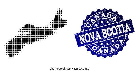 Geographic collage of dot map of Nova Scotia Province and blue grunge stamp imprint. Halftone vector map of Nova Scotia Province formed with square points. Flat design for political purposes.