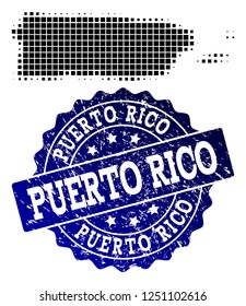 Geographic collage of dot map of Puerto Rico and blue grunge stamp watermark. Halftone vector map of Puerto Rico designed with rectangle pixels. Flat design for cartographic purposes.
