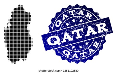 Geographic collage of dot map of Qatar and blue grunge stamp watermark. Halftone vector map of Qatar formed with square pixels. Flat design for patriotic purposes.