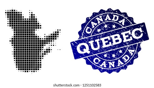 Geographic collage of dot map of Quebec Province and blue grunge seal watermark. Halftone vector map of Quebec Province formed with rectangle elements. Flat design for patriotic posters.
