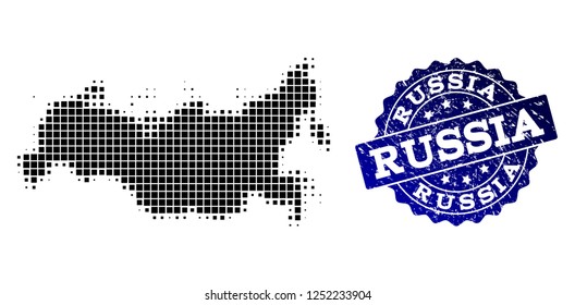 Geographic collage of dot map of Russia and blue grunge seal imprint. Halftone vector map of Russia designed with rectangular mosaic items. Flat design for patriotic posters.