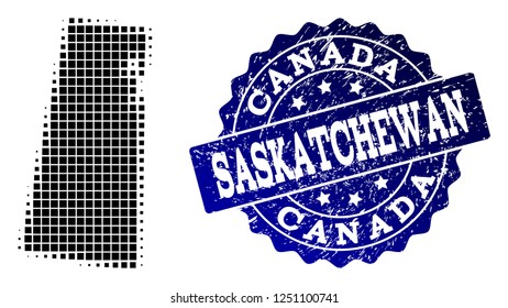 Geographic collage of dot map of Saskatchewan Province and blue grunge seal watermark. Halftone vector map of Saskatchewan Province designed with rectangular elements.