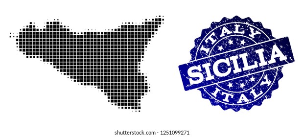 Geographic collage of dot map of Sicilia Island and blue grunge seal watermark. Halftone vector map of Sicilia Island created with rectangular dots. Flat design for political illustrations.