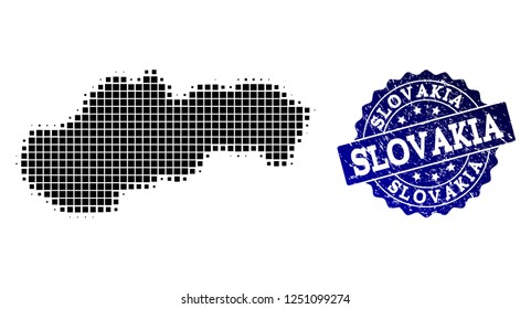 Geographic collage of dot map of Slovakia and blue grunge seal stamp imprint. Halftone vector map of Slovakia formed with square points. Flat design for cartographic illustrations.