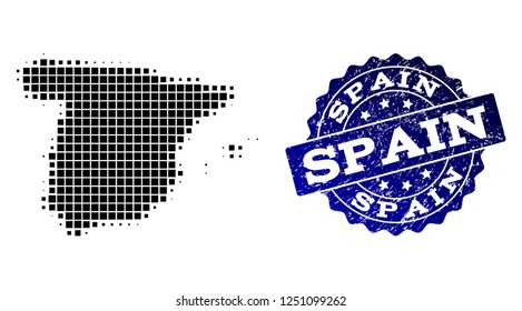 Geographic collage of dot map of Spain and blue grunge seal imprint. Halftone vector map of Spain designed with rectangle elements. Flat design for infographic illustrations.