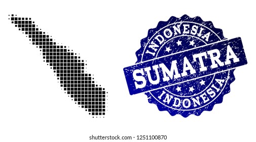 Geographic collage of dot map of Sumatra Island and blue grunge stamp imprint. Halftone vector map of Sumatra Island formed with rectangle mosaic items. Flat design for cartographic purposes.