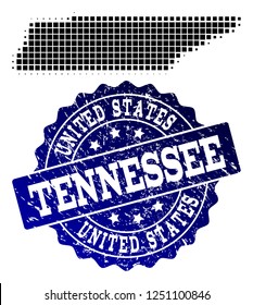 Geographic collage of dot map of Tennessee State and blue grunge seal stamp imprint. Halftone vector map of Tennessee State composed with rectangle elements. Flat design for patriotic illustrations.