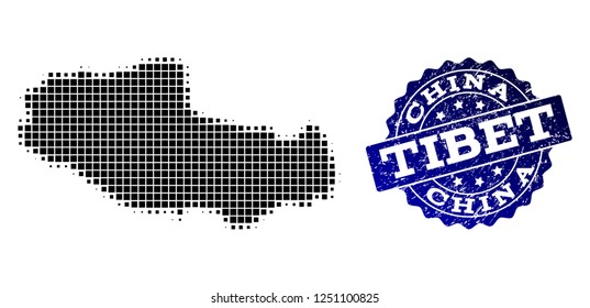 Geographic collage of dot map of Tibet and blue grunge stamp watermark. Halftone vector map of Tibet designed with rectangular elements. Flat design for political purposes.