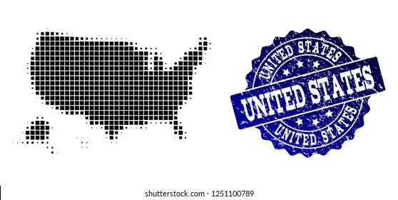 Geographic collage of dot map of USA territories and blue grunge stamp imprint. Halftone vector map of USA territories created with square pixels. Flat design for political illustrations.