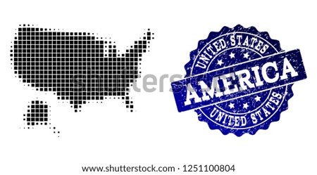 Geographic collage of dot map of USA and Alaska and blue grunge seal watermark. Halftone vector map of USA and Alaska composed with rectangular dots. Flat design for infographic illustrations.
