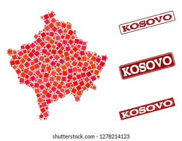 Geographic collage of dot mosaic map of Kosovo and red rectangle grunge seal watermarks. Vector map of Kosovo formed with red square points. Flat design for geographic posters.