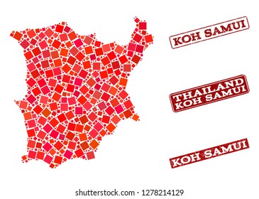 Geographic collage of dot mosaic map of Koh Samui and red rectangle grunge seal watermarks. Vector map of Koh Samui formed with red square mosaic items. Flat design for political posters.