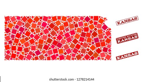 Geographic collage of dot mosaic map of Kansas State and red rectangle grunge seal stamp watermarks. Vector map of Kansas State designed with red square mosaic items.