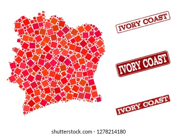 Geographic collage of dot mosaic map of Ivory Coast and red rectangle grunge stamp watermarks. Vector map of Ivory Coast created with red square mosaic items.
