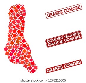 Geographic collage of dot mosaic map of Grande Comore Island and red rectangle grunge stamp imprints. Vector map of Grande Comore Island created with red square mosaic items.