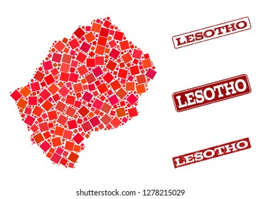 Geographic collage of dot mosaic map of Lesotho and red rectangle grunge seal stamp imprints. Vector map of Lesotho designed with red square mosaic items. Flat design for cartographic posters.