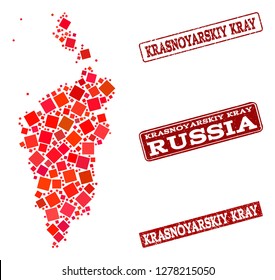 Geographic collage of dot mosaic map of Krasnoyarskiy Kray and red rectangle grunge stamp watermarks. Vector map of Krasnoyarskiy Kray composed with red square elements.