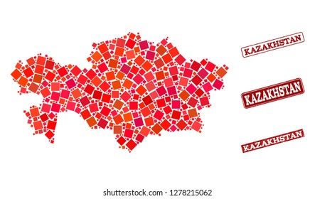 Geographic collage of dot mosaic map of Kazakhstan and red rectangle grunge stamp watermarks. Vector map of Kazakhstan composed with red square elements. Flat design for geographic purposes.