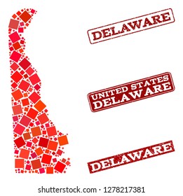 Geographic collage of dot mosaic map of Delaware State and red rectangle grunge seal imprints. Vector map of Delaware State composed with red square mosaic items. Flat design for geographic posters.