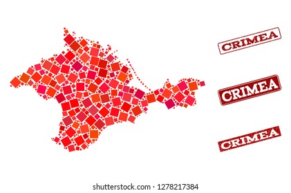 Geographic collage of dot mosaic map of Crimea and red rectangle grunge seal imprints. Vector map of Crimea composed with red square mosaic items. Flat design for geographic illustrations.