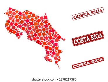 Geographic collage of dot mosaic map of Costa Rica and red rectangle grunge stamp watermarks. Vector map of Costa Rica formed with red square elements. Flat design for geographic purposes.