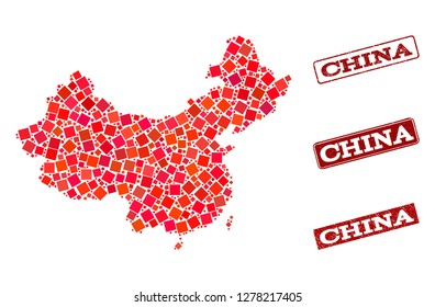 Geographic collage of dot mosaic map of China and red rectangle grunge stamp imprints. Vector map of China designed with red square points. Flat design for geographic illustrations.