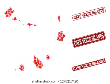 Geographic collage of dot mosaic map of Cape Verde Islands and red rectangle grunge stamp imprints. Vector map of Cape Verde Islands formed with red square mosaic items.