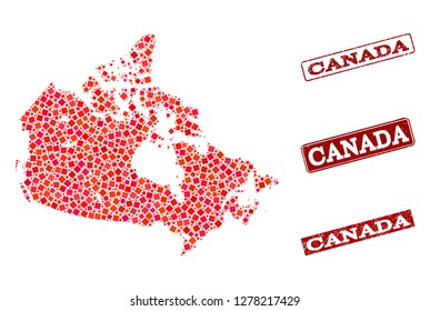 Geographic collage of dot mosaic map of Canada and red rectangle grunge seal stamp watermarks. Vector map of Canada composed with red square mosaic items. Flat design for geographic posters.