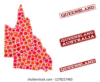 Geographic collage of dot mosaic map of Australian Queensland and red rectangle grunge seal imprints. Vector map of Australian Queensland designed with red square points.